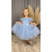 Ayyılmaz Kız Çocuk Pürpür Abiye Elbise Ekstra Tül Detaylı Beli Lastikli MAVİ