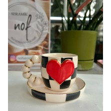 Nof El Yapımı Seramik Gerçek 24K Altın Dekorlu Damalı Kalpli Türk Kahvesi Fincanı