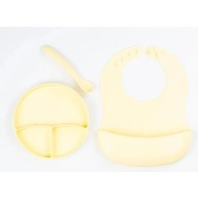 Depozee Sarı 3’lü Silikon Yemek Seti – Önlük + Diş Kaşıyıcılı Kaşık + Vakumlu Tabak