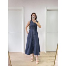 Mevese Jeans Kot Önü Tam Fermuarlı Uzun Elbise - Mavi