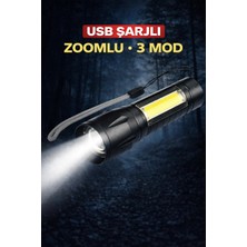 Lowell Home USB Şarjlı Zoomlu Mini El Feneri Q5 Güçlü Işık Yan Cob LED Sos Mod Kutulu Taşınabilir