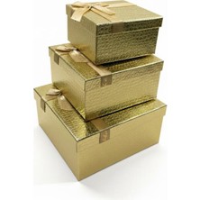 abnturk 3'lü Gold Deri Görünümlü Parlak Kabartmalı Büyük Kare Kurdeleli Hediye Kutusu