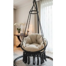 WoodShut Tek Kişilik Makrome El Örgüsü Salıncak (Koyu Gri) Minder ve Askı Demiri Ile MİS38003ANTRASİTMA