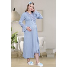 Alec Lingerie Mecit 1518 Mavi Sabahlıklı Lohusa Gecelik Takım