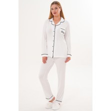 Alec Lingerie Mecit 6307 Ekru Boydan Düğmeli Kadın Pijama Takımı