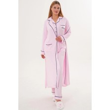 Alec Lingerie Kadın Sabahlıklı Boydan Düğmeli Uzun Kollu 3'lü Pijama Takımı %65 Pamuk %35 Viskon