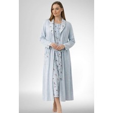 Mecit Pijama Mecit 6312 Mavi Kadın Büyük Beden Sabahlıklı Gecelik Takım