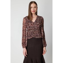 On Triko V Yaka Desenli Şifon Bluz 62302