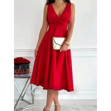 Balmior Kadın Ithal Krep Kumaş Kruvaze Yaka Eteği Kloş Kolsuz Mini Elbise