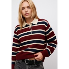 Şık Çizgili Polo Yaka Düğmeli Kadın Triko