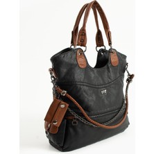 Duomino Yıkama Deri Siyah Çok Bölmeli Çapraz ve Omuz Çantası / Kol Çantası