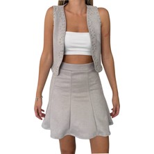 Kechi Woman Süet Kumaş Diz Üstü Gri Renk Mini Etek