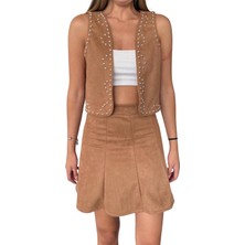 Kechi Woman Süet Kumaş Diz Üstü Camel Renk Mini Etek