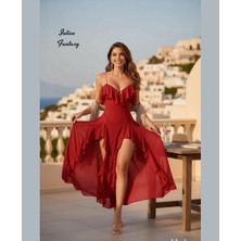 Intive Lingerie Eliana Asimetrik Yanları Dekolteli Yırtmaçlı Zincir Askılı Göğüs Dekolteli Tül Gecelik - Özel Üretim