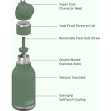 Smiggle Asobu Bestie Bottle Dinozor Figürlü Çocuk Termos Suluk – Paslanmaz Çelik, Pipetli, 470 ml