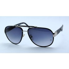 Mont Blanc MB367S 16W Leather Unısex Pılot Sıyah Derı Gumus Mavı Camlı Güneş Gözlüğü