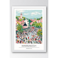 Fas Marrakesh Temalı Çerçeveli Tablo Travel Serisi Modern Illüstrasyon Şehir Duvar Dekoru