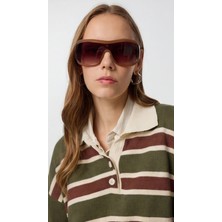 Kadın Çizgili Polo Yaka Triko Kazak – Düğmeli, Oversize Rahat Kesim, Trend Günlük Stil