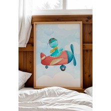 Sevimli Mavi Dinozor Pilot Çerçeveli Tablo - Çocuk ve Bebek Odası Için Modern Duvar Dekoru