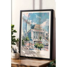 Abd Detroit Temalı Çerçeveli Tablo Travel Serisi Modern Illüstrasyon Şehir Duvar Dekoru