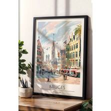 Belçika Bruges Temalı Çerçeveli Tablo Travel Serisi Modern Illüstrasyon Şehir Duvar Dekoru