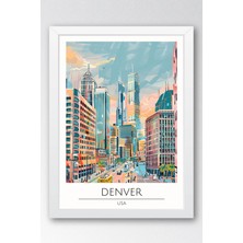 Abd Denver Temalı Çerçeveli Tablo Travel Serisi Modern Illüstrasyon Şehir Duvar Dekoru