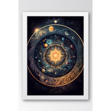 Kozmik Güneş Mandala Çerçeveli Tablo - Lüks Modern Astronomi ve Evren Temalı Duvar Dekoru Antrasit