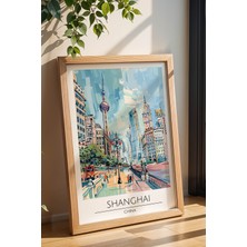 Çin Shanghai Temalı Çerçeveli Tablo Travel Serisi Modern Illüstrasyon Şehir Duvar Dekoru