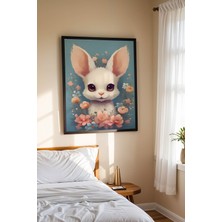 Sevimli Beyaz Tavşan ve Çiçekler Çerçeveli Tablo - Bebek ve Çocuk Odası Modern Duvar Dekoru