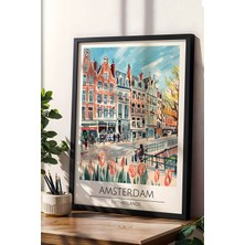Hollanda Amsterdam Temalı Çerçeveli Tablo Travel Serisi Modern Illüstrasyon Şehir Duvar Dekoru