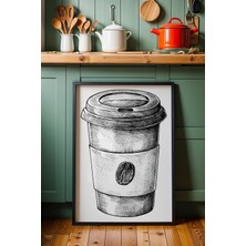 Retro Kahve Bardağı Çizim Tasarım Çerçeveli Tablo - Modern Mutfak ve Kahve Köşesi Duvar Dekoru