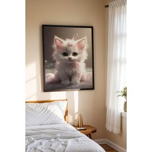 Sevimli Beyaz Yavru Kedi Çerçeveli Tablo - Bebek ve Çocuk Odası Modern Masalsı Duvar Dekoru