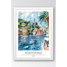 Italya Portofino Temalı Çerçeveli Tablo Travel Serisi Modern Illüstrasyon Duvar Dekoru