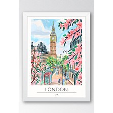Ingiltere Londra Temalı Çerçeveli Tablo Travel Serisi Modern Illüstrasyon Şehir Duvar Dekoru