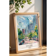 Texas Dallas Temalı Çerçeveli Tablo Travel Serisi Modern Illüstrasyon Şehir Duvar Dekoru