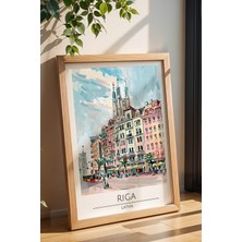 Letonya Riga Temalı Çerçeveli Tablo Travel Serisi Modern Illüstrasyon Şehir Duvar Dekoru