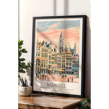 Belçika Brüksel Temalı Çerçeveli Tablo Travel Serisi Modern Illüstrasyon Şehir Duvar Dekoru