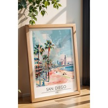Abd San Diego Temalı Çerçeveli Tablo Travel Serisi Modern Illüstrasyon Sahil Duvar Dekoru
