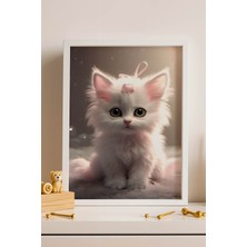 Sevimli Beyaz Yavru Kedi Çerçeveli Tablo - Bebek ve Çocuk Odası Modern Masalsı Duvar Dekoru