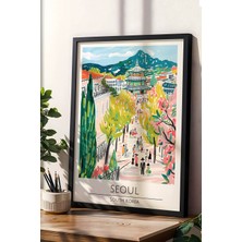 Güney Kore Seoul Temalı Çerçeveli Tablo Travel Serisi Modern Illüstrasyon Şehir Duvar Dekoru