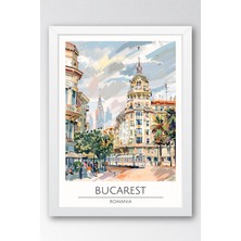 Romanya Bükreş Temalı Çerçeveli Tablo Travel Serisi Modern Illüstrasyon Şehir Duvar Dekoru