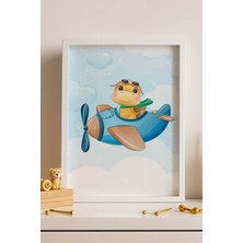 Sevimli Sarı Dinozor Pilot Çerçeveli Tablo - Çocuk ve Bebek Odası Için Modern Duvar Dekoru