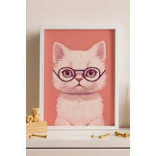 Sevimli Gözlüklü Beyaz Kedi Çerçeveli Tablo - Çocuk ve Bebek Odası Modern Hayvan Duvar Dekoru