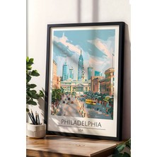 Abd Philadelphia Temalı Çerçeveli Tablo Travel Serisi Modern Illüstrasyon Şehir Duvar Dekoru