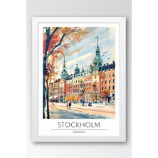 Isveç Stockholm Temalı Çerçeveli Tablo Travel Serisi Modern Illüstrasyon Şehir Duvar Dekoru