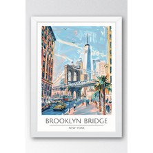 New York Brooklyn Bridge Temalı Çerçeveli Tablo Travel Serisi Modern Illüstrasyon Duvar Dekoru