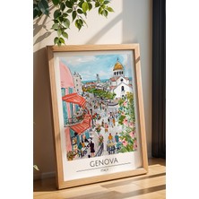 Italya Genova Temalı Çerçeveli Tablo Travel Serisi Modern Illüstrasyon Şehir Duvar Dekoru