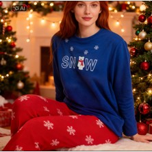 NiCe İç Giyim Lacivert Kırmızı Snow Yazı Desenli Polar Bayan Pijama Takım Kışlık