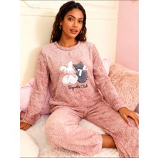 NiCe İç Giyim Gül Kurusu Tavşan Detaylı Welsoft Peluş Kışlık  Bayan Pijama Takımı
