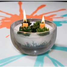 Giftpuffy Sukulent Tasarımlı Çift Cidarlı Cam Kavanoz Mum – Ahşap Fitilli Şömine Efektli
